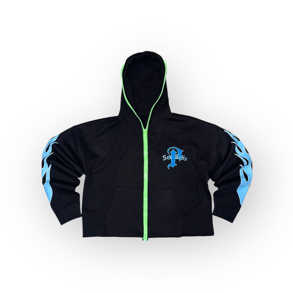 Black ice blue hoodie with green zipper heavy weight